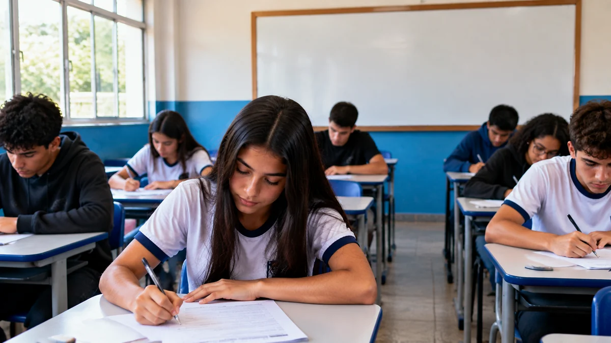 Jovens realizando prova de seleção para programa Jovem Aprendiz em sala de aula.
