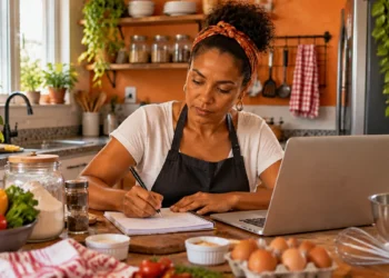 Mulher trabalha de forma autônoma na cozinha, usando notebook e fazendo anotações