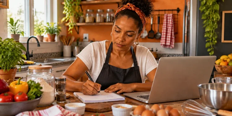 Mulher trabalha de forma autônoma na cozinha, usando notebook e fazendo anotações