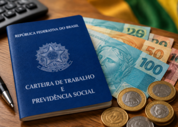 Carteira de Trabalho azul sobre mesa com notas e moedas de real próximas a caneta e bandeira do Brasil, simbolizando as novas profissões que podem receber o adicional de 40%.