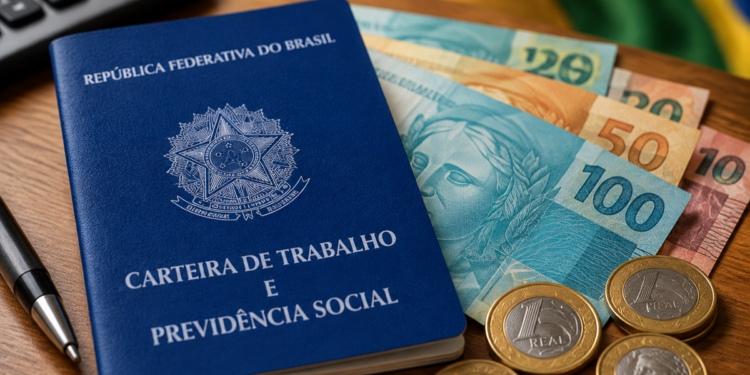 Carteira de Trabalho azul sobre mesa com notas e moedas de real próximas a caneta e bandeira do Brasil, simbolizando as novas profissões que podem receber o adicional de 40%.
