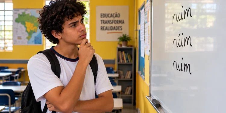Estudante observa as formas "rúim" e "ruím" escritas no quadro durante aula de português