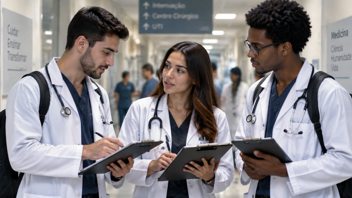 Estudantes de medicina com jaleco em hospital durante preparação para o Enamed 2026.