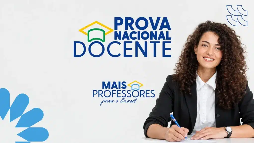 Imagem ilustrativa com a logomarca da Prova Nacional Docente e do programa Mais Professores para o Brasil, ao lado de uma jovem escrevendo em uma folha