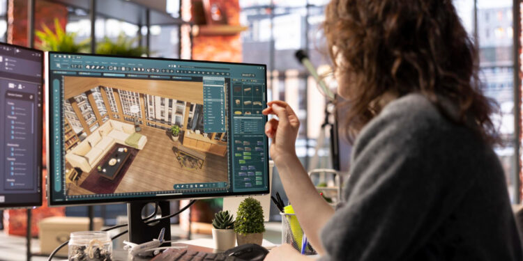 Imagem ilustrativa: estudante usa software de projeto 3D no computador, cena ligada ao AutoCAD grátis para estudante