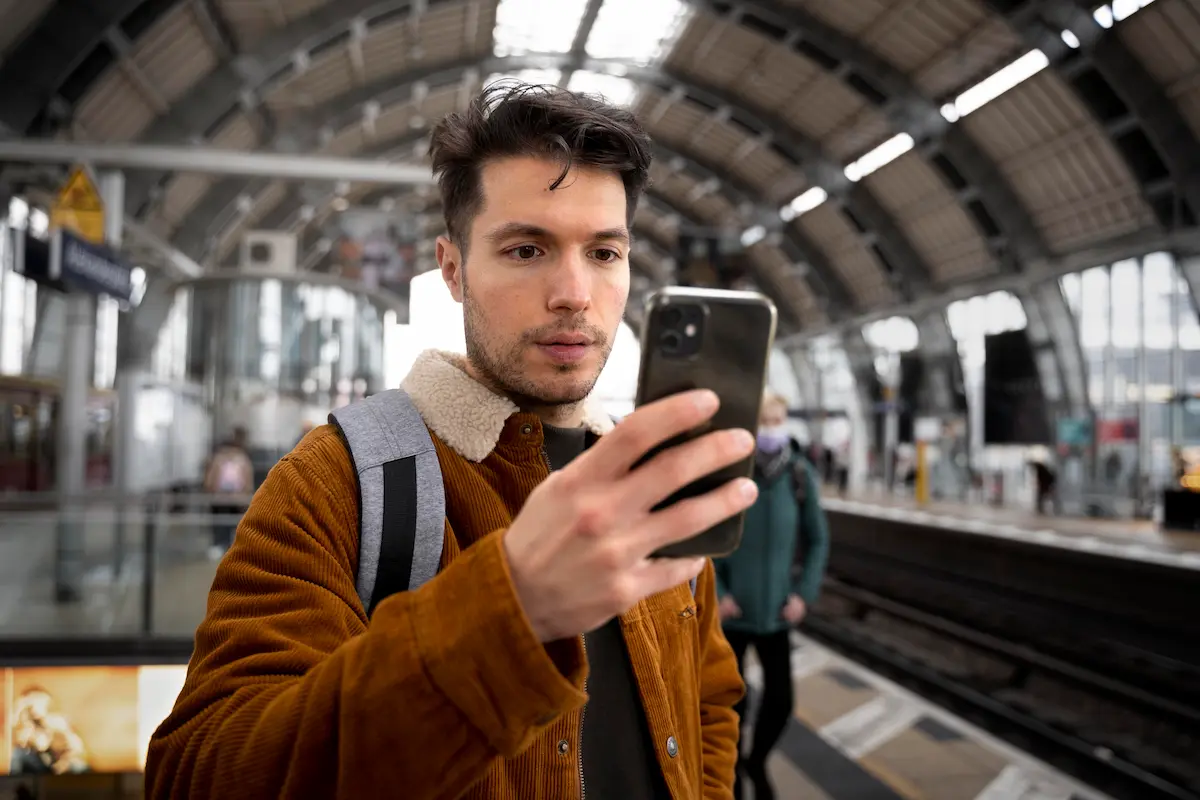 Usuário acessando o celular em local público enquanto utiliza uma rede Wi-Fi, representando riscos de conexões falsas.