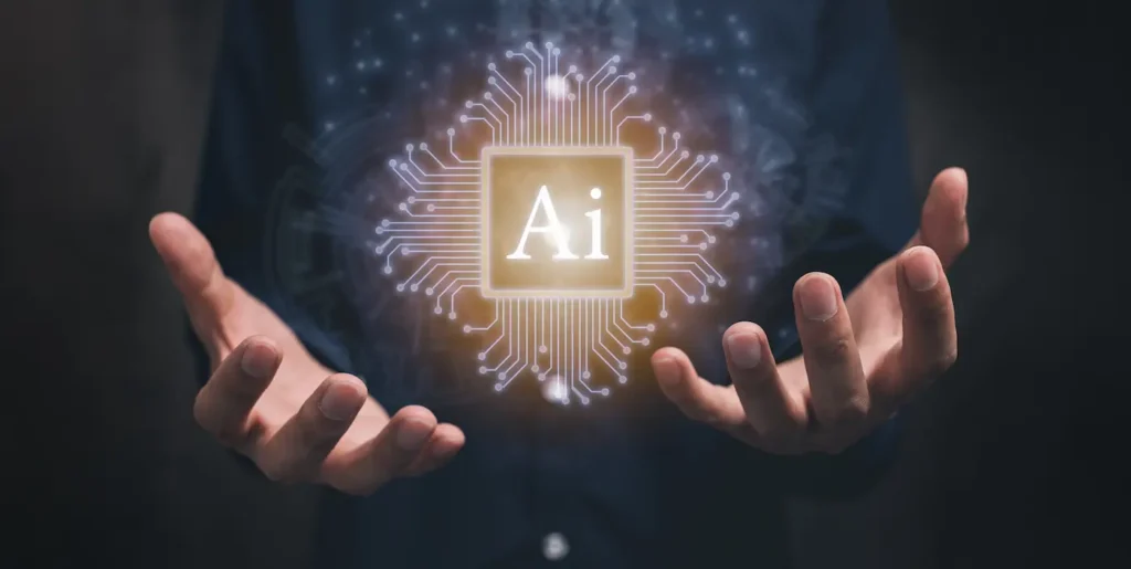 Representação de inteligência artificial entre mãos humanas em referência aos alertas sobre possíveis riscos da tecnologia.