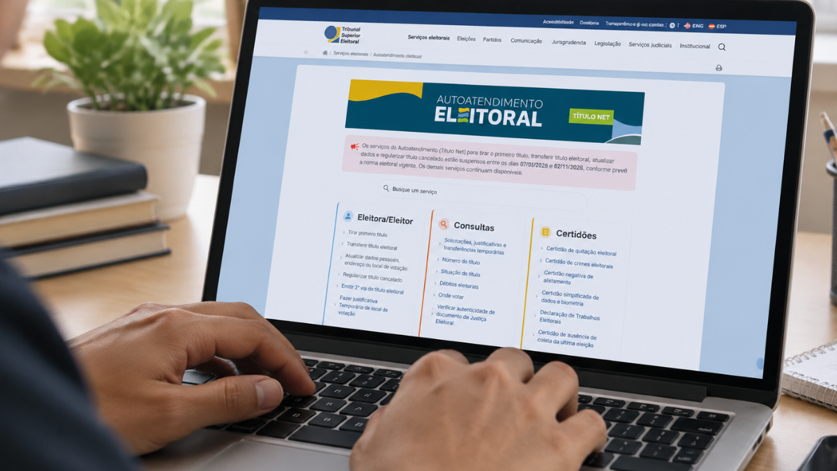 Pessoa acessa Autoatendimento Eleitoral do TSE pelo notebook para regularizar título de eleitor.
