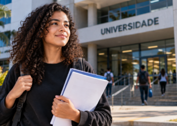 Estudante com documentos diante de uma universidade representando a participação de alunos de escola particular no Prouni.