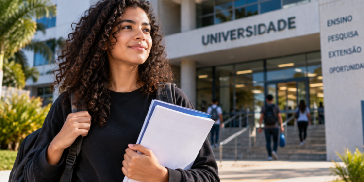 Estudante com documentos diante de uma universidade representando a participação de alunos de escola particular no Prouni.