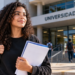 Estudante com documentos diante de uma universidade representando a participação de alunos de escola particular no Prouni.