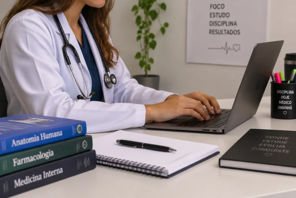 Estudante de medicina com jaleco acessando notebook, representando a consulta de informações sobre a reaplicação do Enamed.