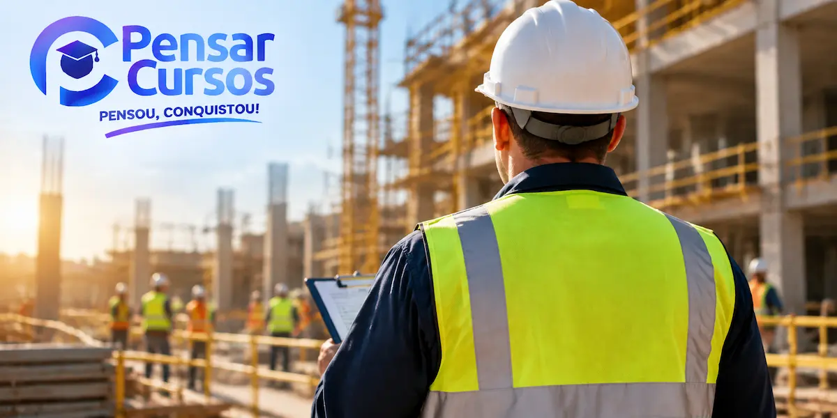 Profissional de segurança do trabalho utilizando equipamentos de proteção em canteiro de obras durante inspeção de segurança.