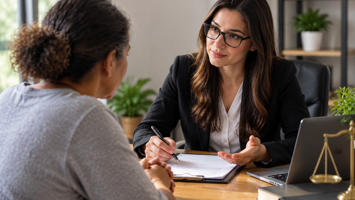 Advogada presta atendimento jurídico voluntário a cliente representando a advocacia pro bono.