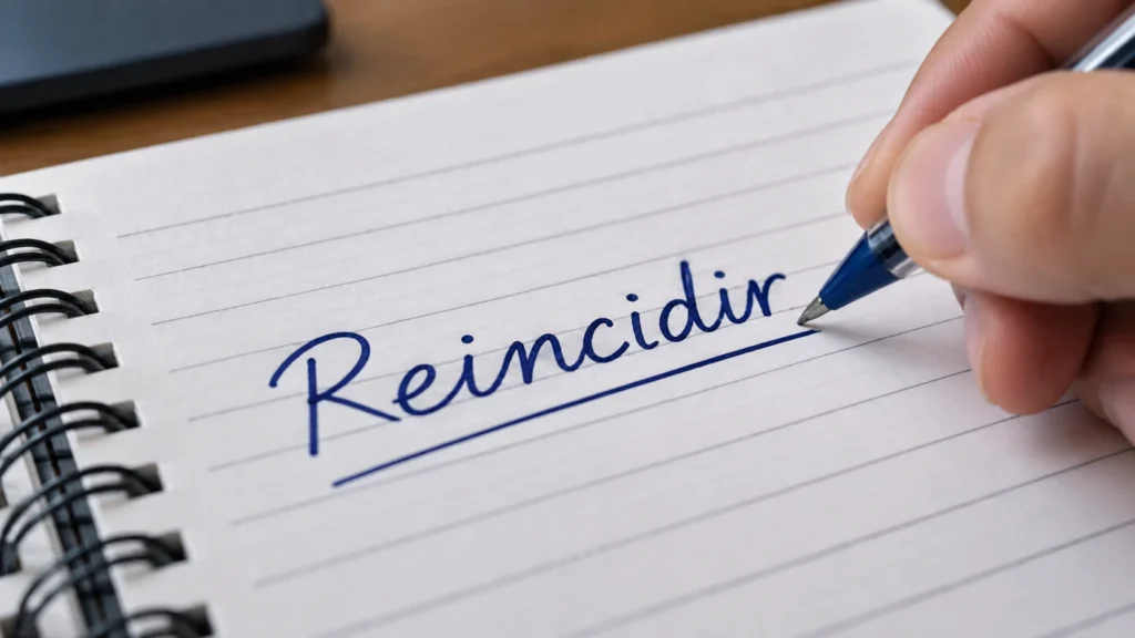 Palavra "Reincidir" escrita à mão em caderno com caneta azul, representando o significado do termo.