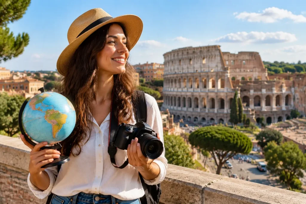 Mulher segurando globo e câmera em viagem turística pelo Coliseu, representando o significado da palavra tour.