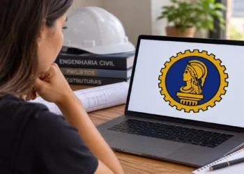 Mulher observa no computador símbolo da Engenharia formado por Minerva e uma engrenagem.