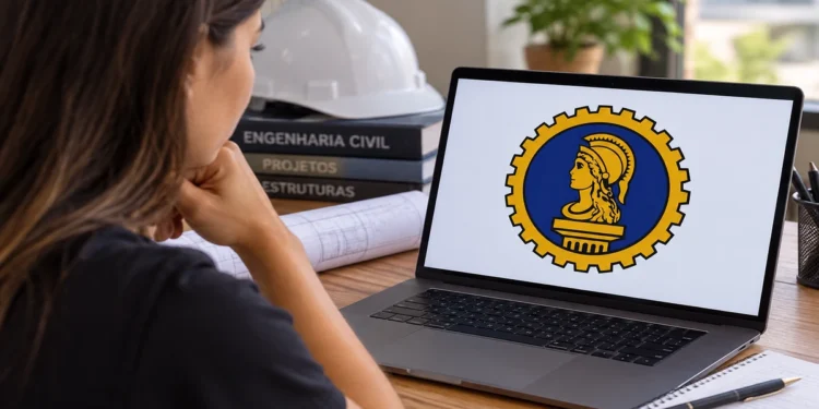Mulher observa no computador símbolo da Engenharia formado por Minerva e uma engrenagem.