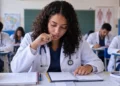 Estudante de medicina usando jaleco durante prova do Enamed 2026, representando o período de solicitação de reaplicação da prova.