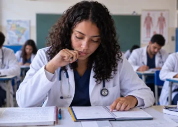 Estudante de medicina usando jaleco durante prova do Enamed 2026, representando o período de solicitação de reaplicação da prova.
