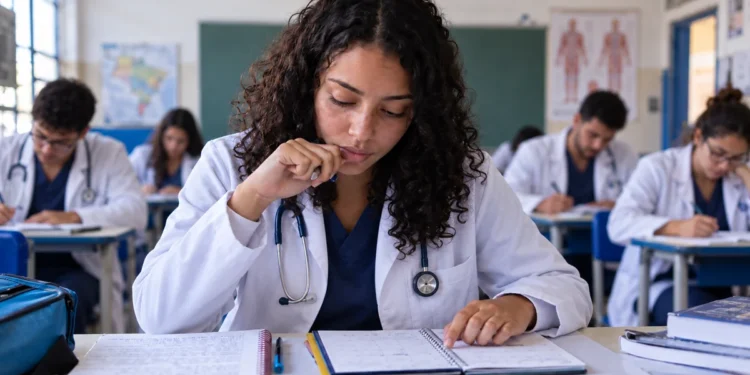 Estudante de medicina usando jaleco durante prova do Enamed 2026, representando o período de solicitação de reaplicação da prova.
