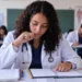 Estudante de medicina usando jaleco durante prova do Enamed 2026, representando o período de solicitação de reaplicação da prova.
