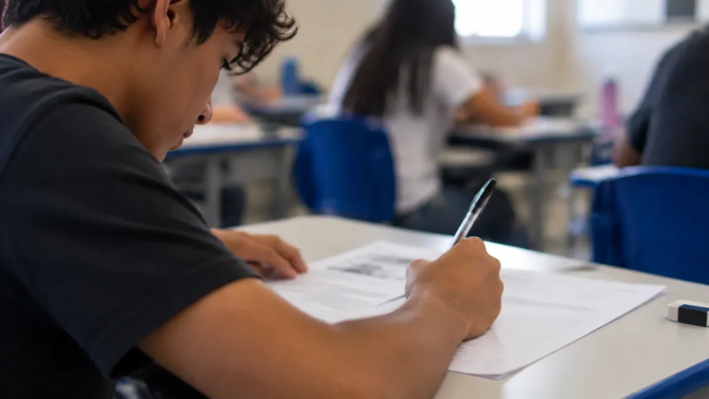 Estudante brasileiro escrevendo redação durante prova do Enem em sala de aula, representando o possível novo modelo de avaliação textual.