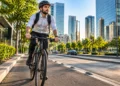 Trabalhador de bicicleta utilizando transporte próprio para ir ao trabalho e evitar desconto do vale-transporte no salário.