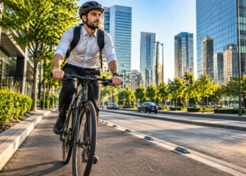 Trabalhador de bicicleta utilizando transporte próprio para ir ao trabalho e evitar desconto do vale-transporte no salário.
