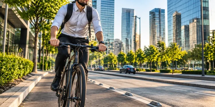 Trabalhador de bicicleta utilizando transporte próprio para ir ao trabalho e evitar desconto do vale-transporte no salário.