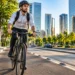 Trabalhador de bicicleta utilizando transporte próprio para ir ao trabalho e evitar desconto do vale-transporte no salário.