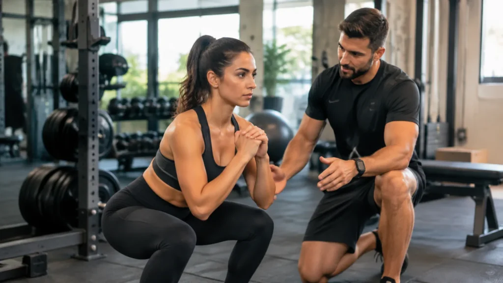 Personal trainer orienta aluna durante treino personalizado em academia