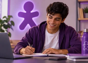 Rapaz sorrindo com casaco roxo escreve em caderno ao lado de notebook e garrafa com logo Vivo, simbolizando o programa trainee da operadora.