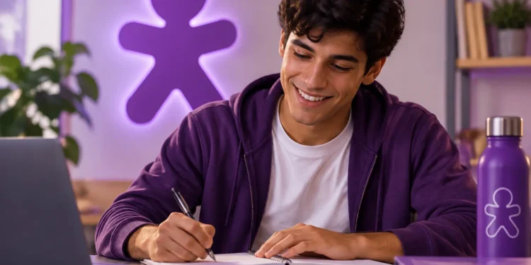 Rapaz sorrindo com casaco roxo escreve em caderno ao lado de notebook e garrafa com logo Vivo, simbolizando o programa trainee da operadora.