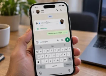 Pessoa utilizando o WhatsApp no celular com recurso de transcrição de áudio ativado em uma conversa.