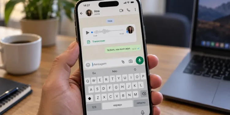 Pessoa utilizando o WhatsApp no celular com recurso de transcrição de áudio ativado em uma conversa.