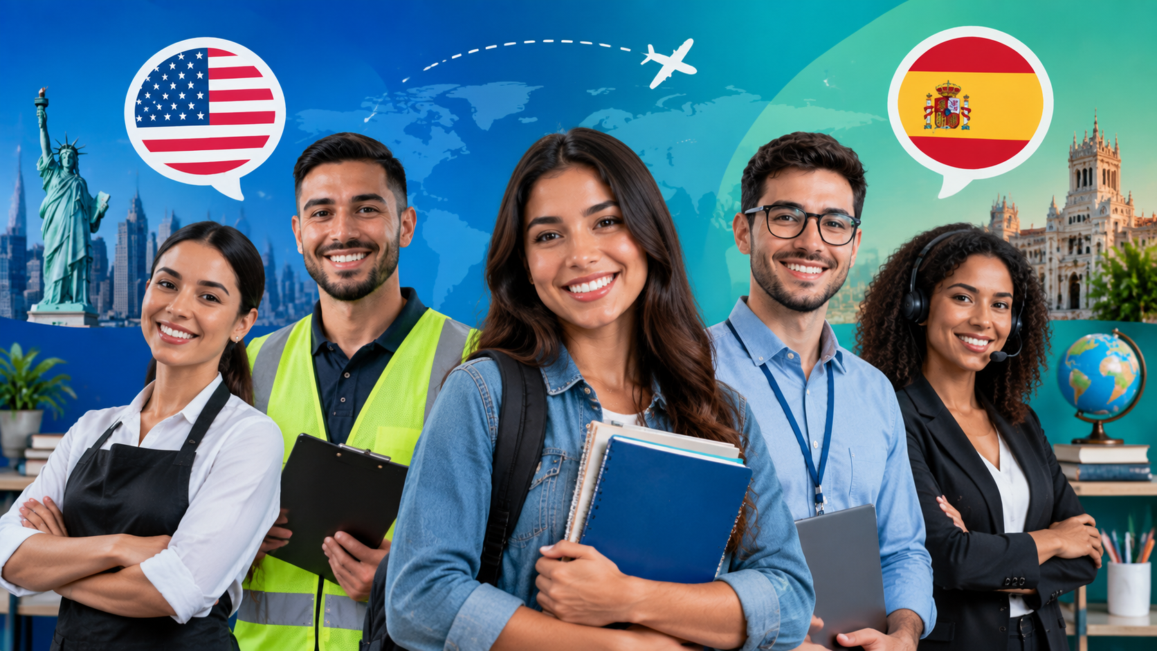 Profissionais de diferentes áreas estudando idiomas e representando a Trilha Bilíngue para o Trabalho do Pensar Cursos.