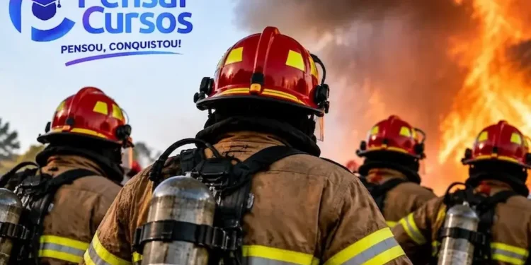 Bombeiros civis equipados atuando em uma situação de combate a incêndio durante treinamento.