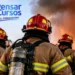 Bombeiros civis equipados atuando em uma situação de combate a incêndio durante treinamento.