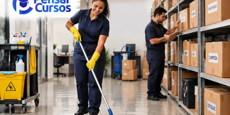 Profissionais realizando atividades de limpeza e organização de estoque.