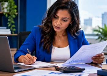 Profissional analisando documentos e fazendo anotações sobre planejamento e finanças em ambiente de escritório
