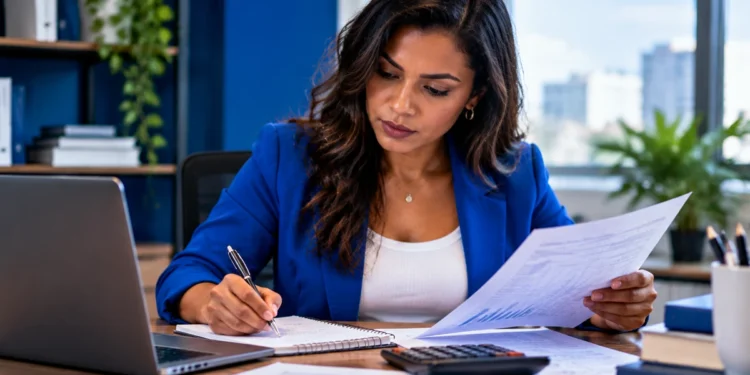 Profissional analisando documentos e fazendo anotações sobre planejamento e finanças em ambiente de escritório