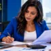 Profissional analisando documentos e fazendo anotações sobre planejamento e finanças em ambiente de escritório