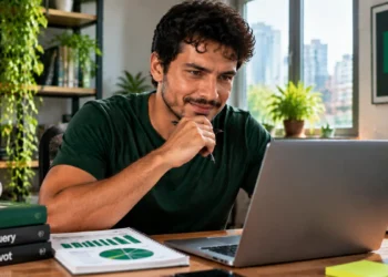 Pessoa estudando Excel avançado em notebook com materiais sobre análise de dados sobre a mesa