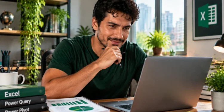 Pessoa estudando Excel avançado em notebook com materiais sobre análise de dados sobre a mesa