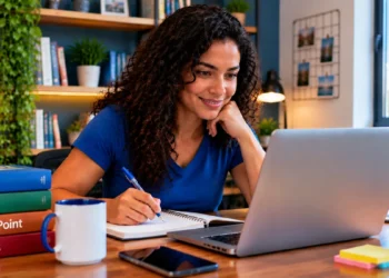 Jovem estudando curso online de informática com notebook, representando a Trilha Office 2021 Completo, que reúne Pacote Office 2021, Excel Básico e Word 2021.