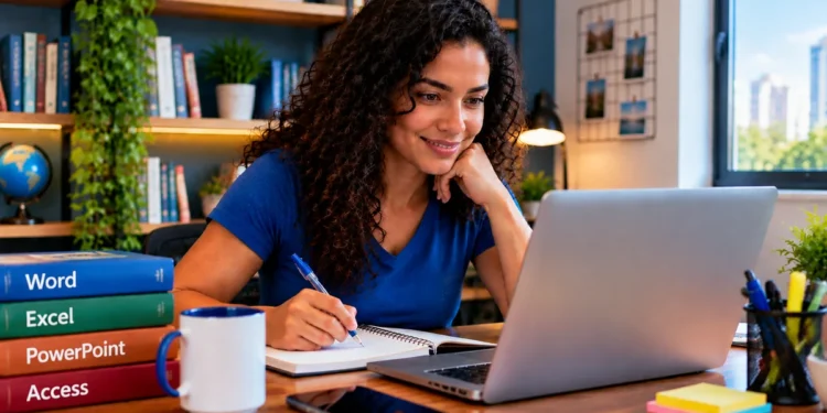 Jovem estudando curso online de informática com notebook, representando a Trilha Office 2021 Completo, que reúne Pacote Office 2021, Excel Básico e Word 2021.
