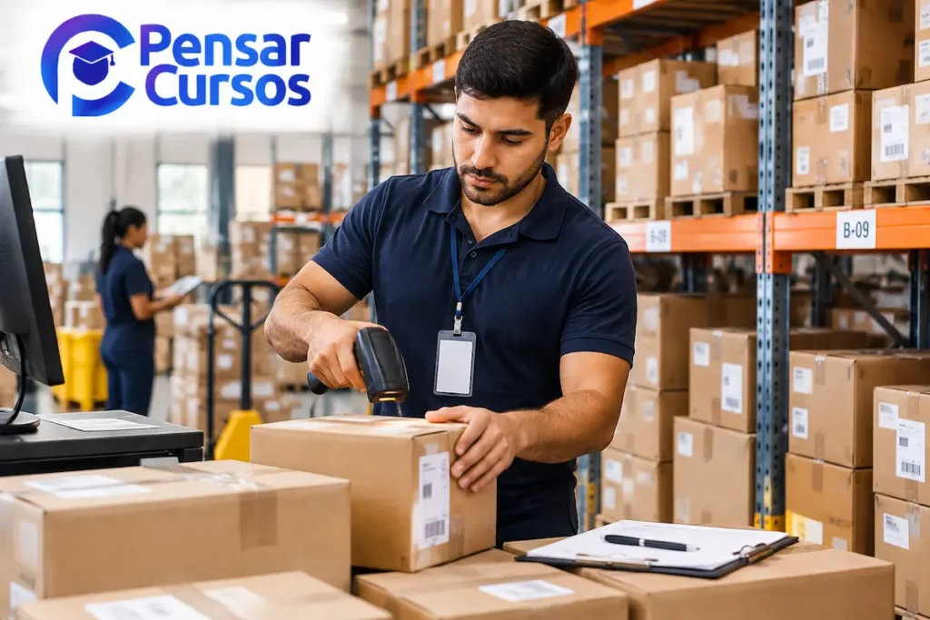 Imagem ilustrativa de profissional realizando atividades de organização e controle de materiais em estoque.