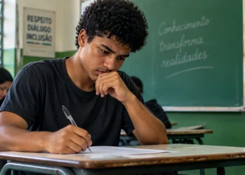 Estudante escrevendo a redação do Enem em sala de aula, representando a possível troca do modelo tradicional por textos mais curtos.