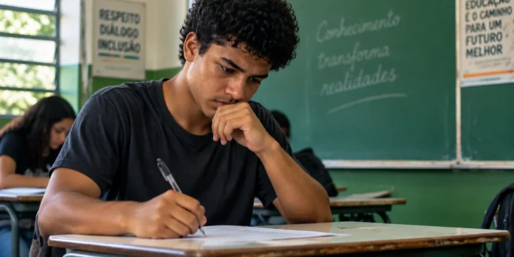 Estudante escrevendo a redação do Enem em sala de aula, representando a possível troca do modelo tradicional por textos mais curtos.